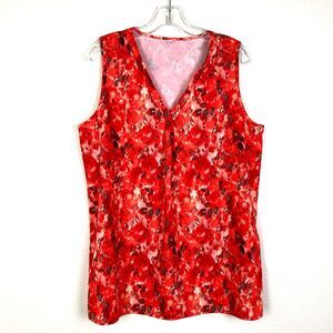 Women's Tank Top Blouse Size M - L Red Orange Floral Artsy V-Neck Office